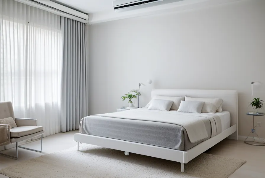 A BedJet 3 cooling system installed at the foot of a bed with antibacterial sheets.