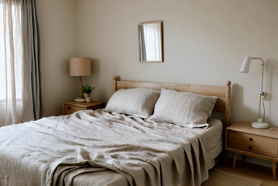 Folded Schweitzer Linen sheets and a Blissy silk pillowcase on a bed.