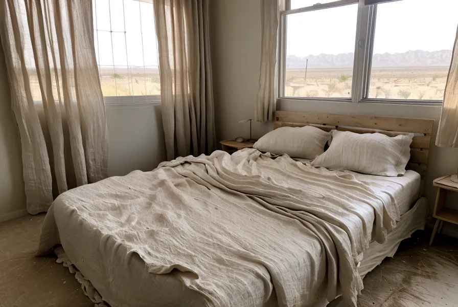 Cellular blackout shades blocking desert heat in a bedroom.