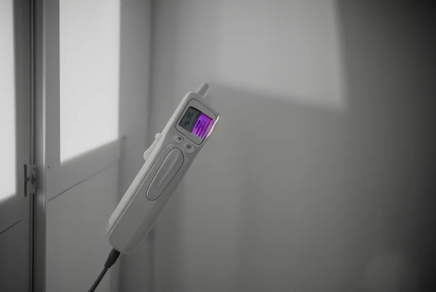 Infrared thermometer measuring heat gain on a 1990s bedroom window frame.