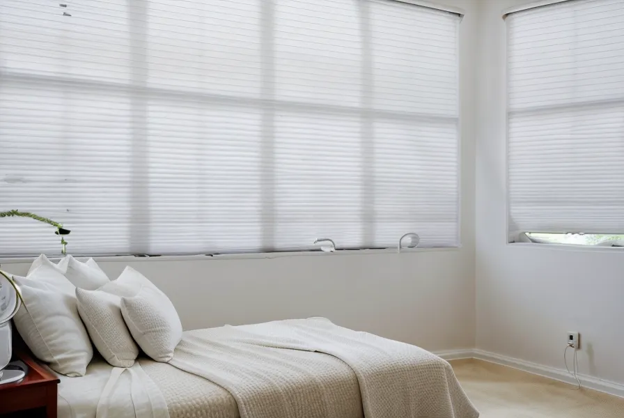 Closed cordless blackout cellular shades blocking intense afternoon sun in a bedroom.