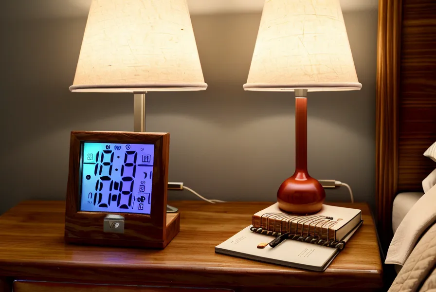 Close-up of a bedside thermometer showing high room temperature in a desert home.