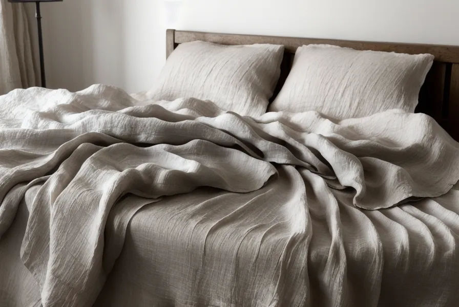 Close-up of breathable linen fabric texture on a bed.