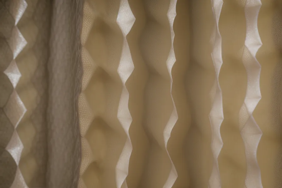 Close-up of the honeycomb pockets in a cellular energy-efficient blind for a hot bedroom.