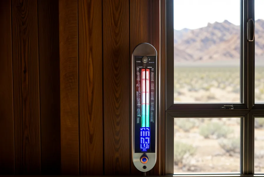 A digital thermometer on a window sill showing the temperature reduction from energy efficient blinds.