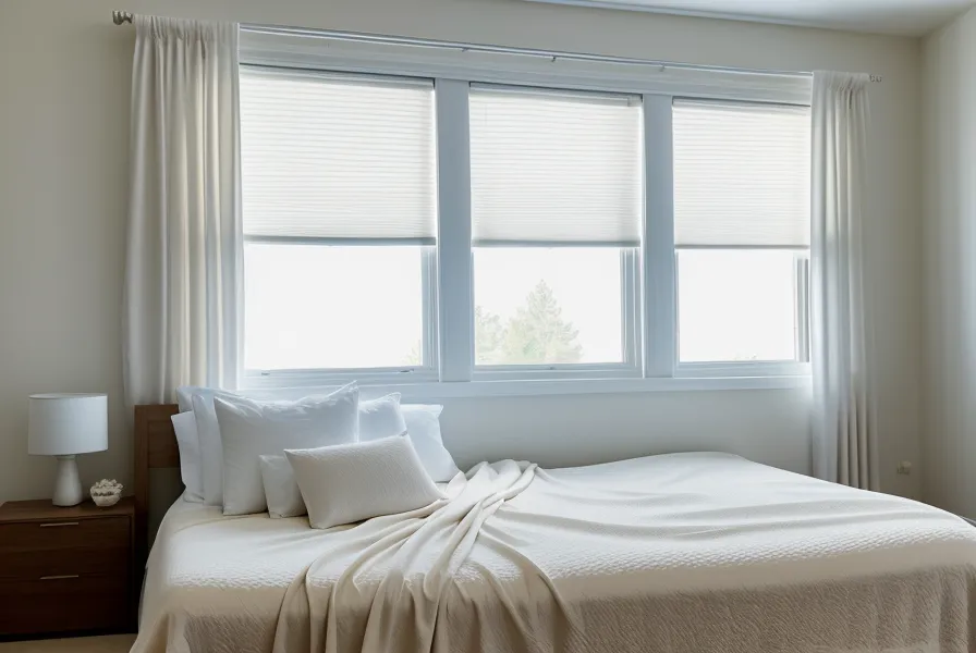 A BedJet hose and cellular blinds working together as a sleep technology setup to cool a bedroom.