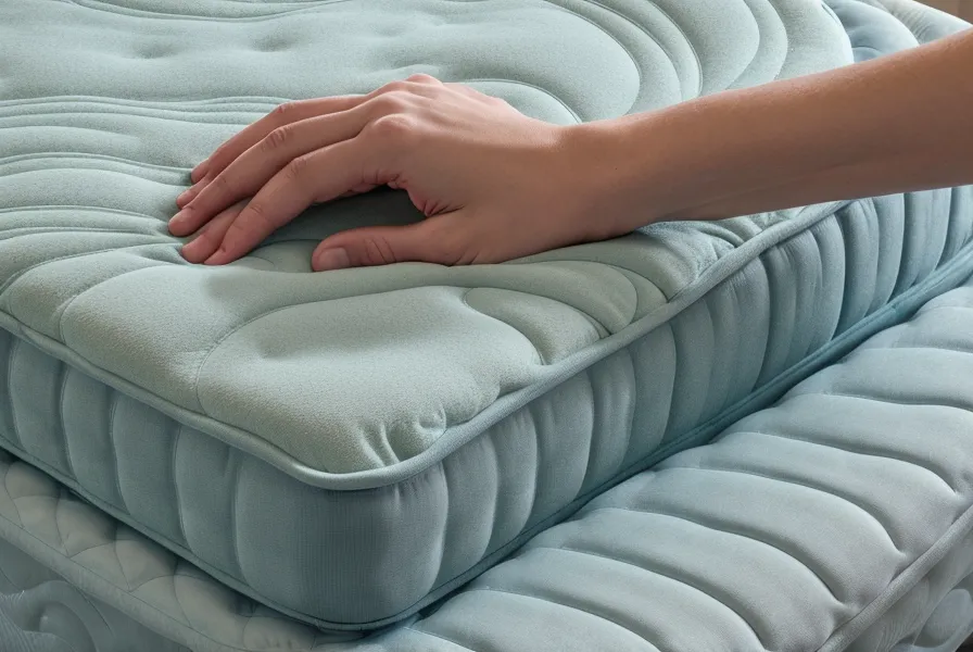 Close-up of a hand testing the surface of a cooling gel mattress.