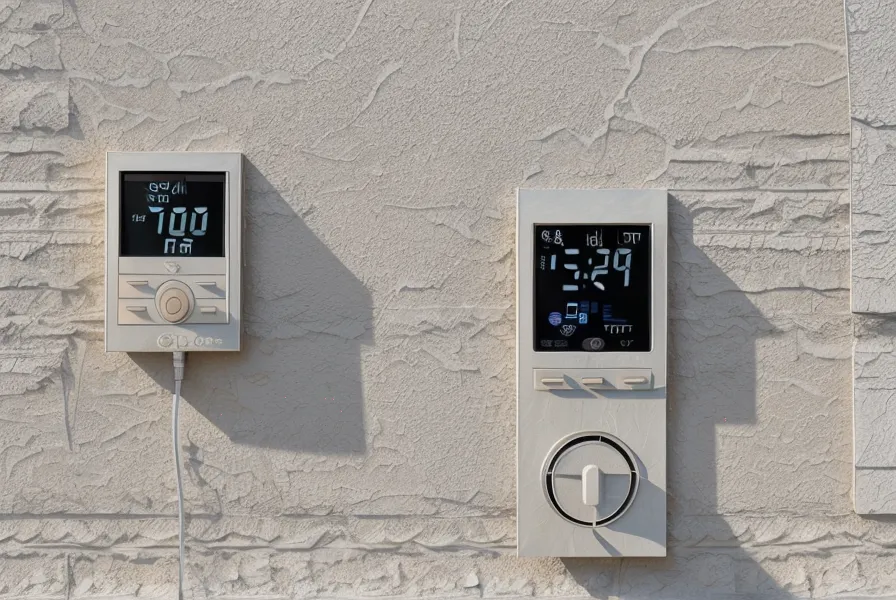 Close-up of a wall thermostat in a Tucson home during summer.