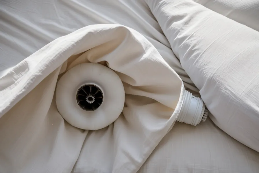 BedJet cooling system nozzle installed under bed sheets.