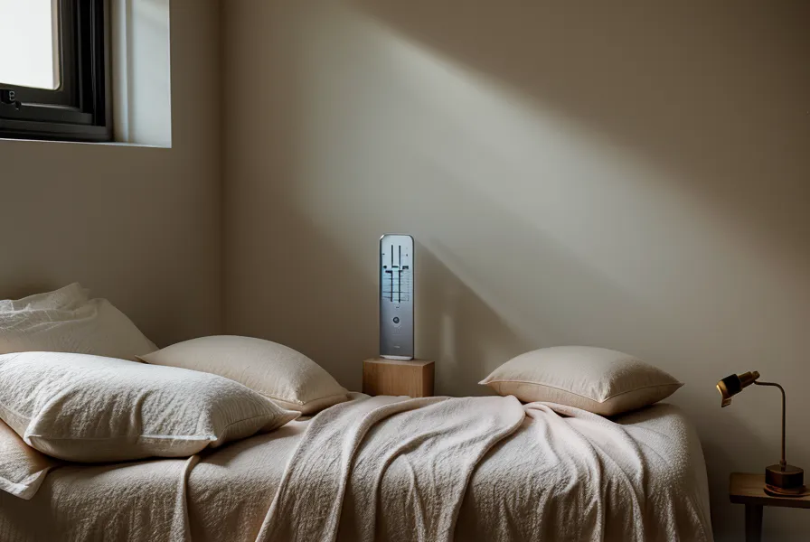 Digital thermometer showing high bedroom humidity next to folded cooling sheets.