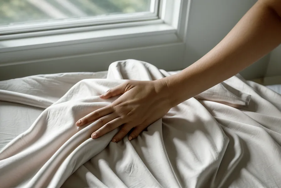 Hand tucking a deep pocket cooling sheet onto a mattress corner.