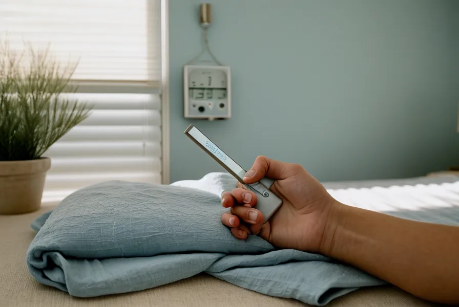 Close-up of a thermometer measuring the temperature of bed sheets.
