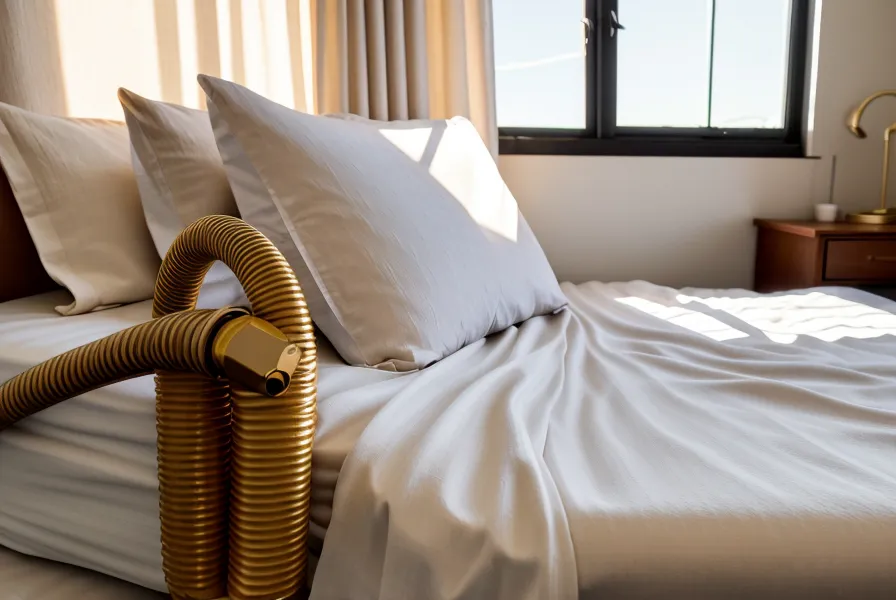 A BedJet cooling system hose installed at the foot of a bed.